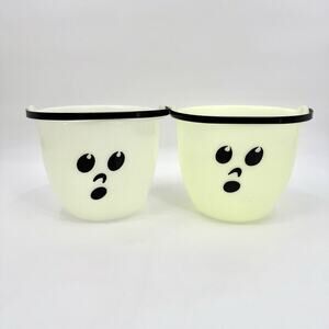 2 Candy Glow In The Dark Halloween Pail Bucket Handle Trick Treat Face 7 in Vtg